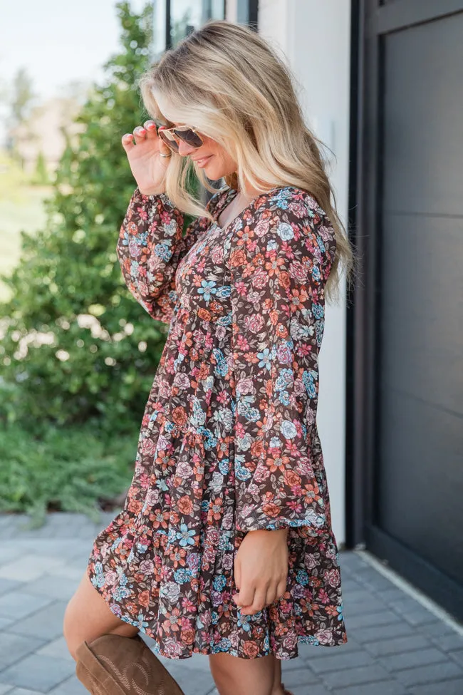 Let's Keep Going Brown Multi Square Neck Printed Long Sleeve Mini Dress FINAL SALE sold by Pink Lily product image thumbnail 3