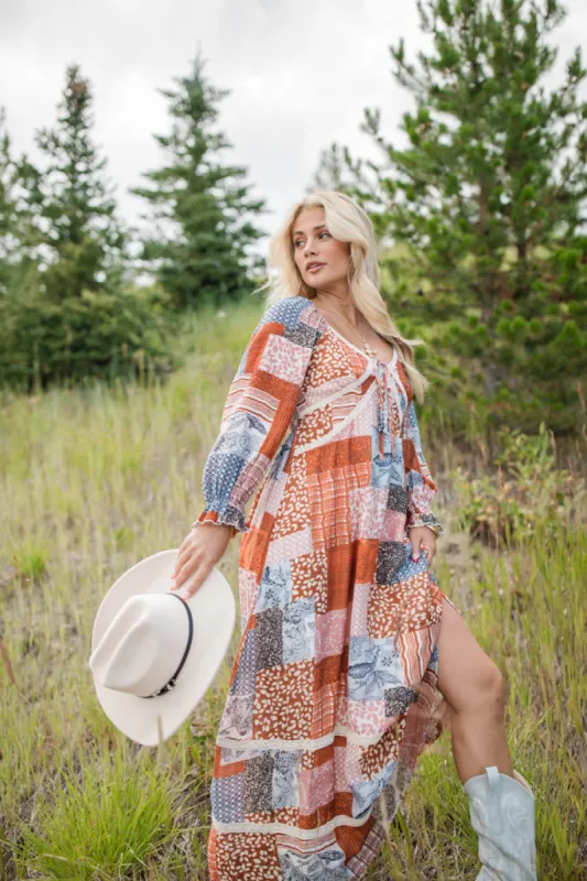 Autumn Attitude Patchwork Long Sleeve Maxi Dress FINAL SALE sold by Pink Lily