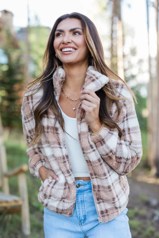 Fall Dreaming Brown Sherpa Plaid Jacket FINAL SALE sold by Pink Lily