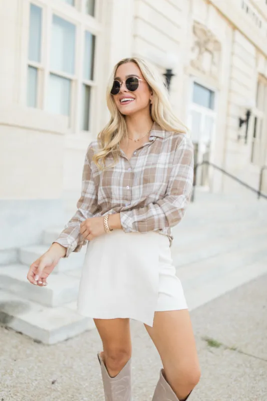 Paid My Dues Tan Lightweight Plaid Shirt FINAL SALE made by Pink Lily