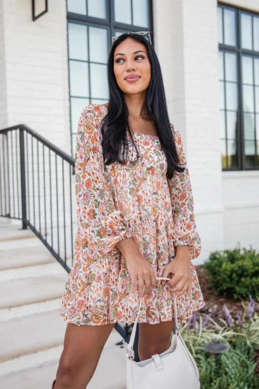 Let's Keep Going Rust Multi Square Neck Printed Long Sleeve Mini Dress sold by Pink Lily