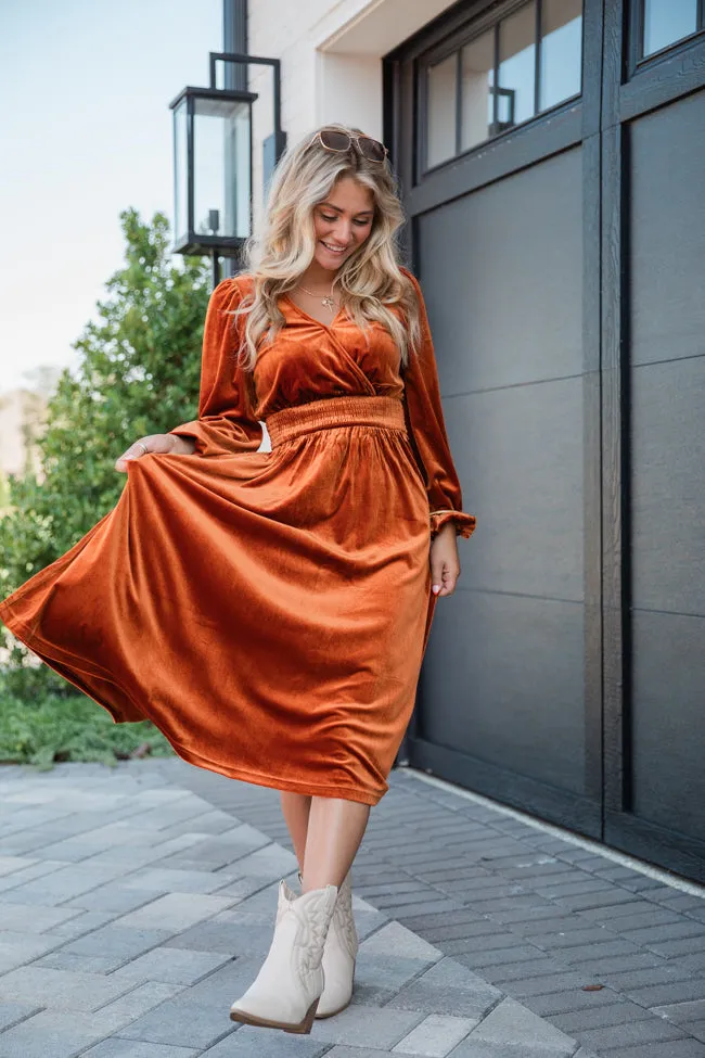 Love Made Me Rust Velvet Surplice Midi Dress FINAL SALE sold by Pink Lily product image thumbnail 2
