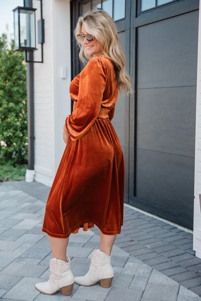 Love Made Me Rust Velvet Surplice Midi Dress FINAL SALE sold by Pink Lily product image thumbnail 4