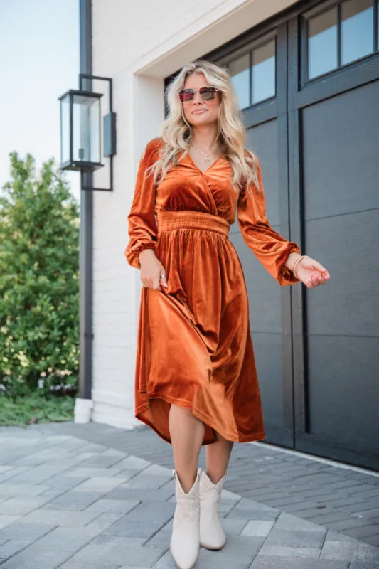 Love Made Me Rust Velvet Surplice Midi Dress FINAL SALE sold by Pink Lily