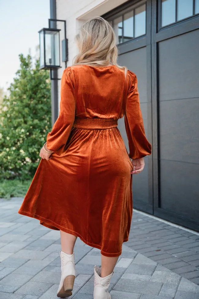 Love Made Me Rust Velvet Surplice Midi Dress FINAL SALE sold by Pink Lily product image thumbnail 3