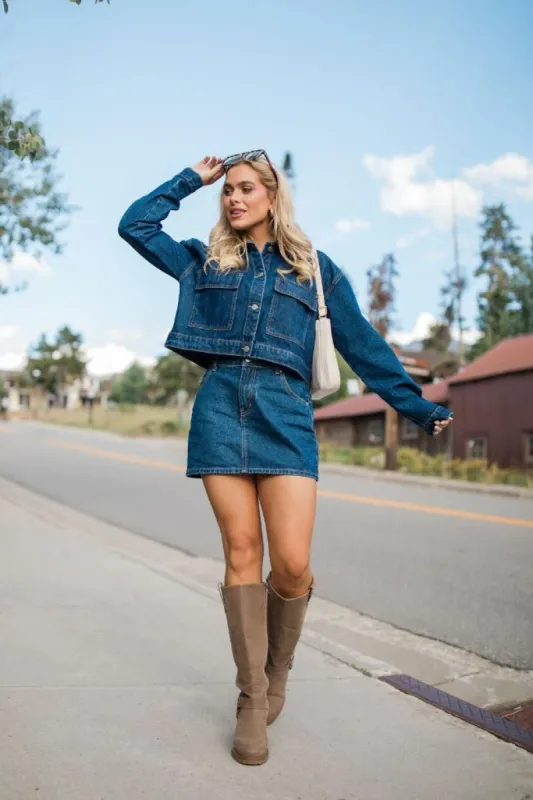 Grand Things Dark Wash Crop Denim Jacket FINAL SALE sold by Pink Lily