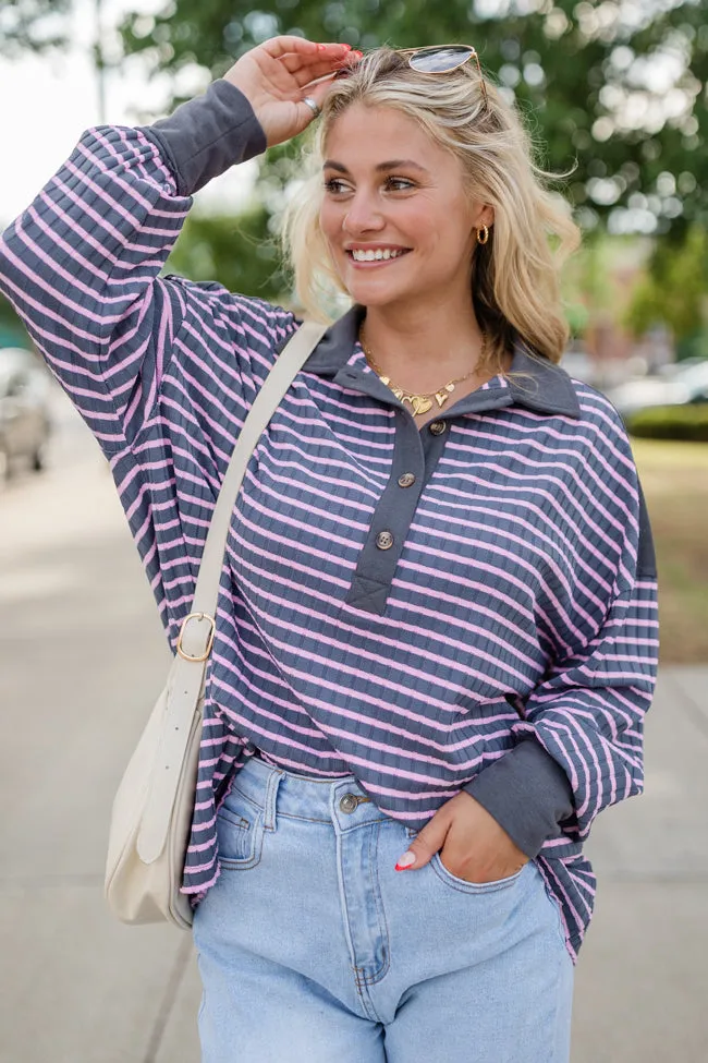 This Is The Life Navy and Pink Striped Collared Henley Oversized Knit Top sold by Pink Lily