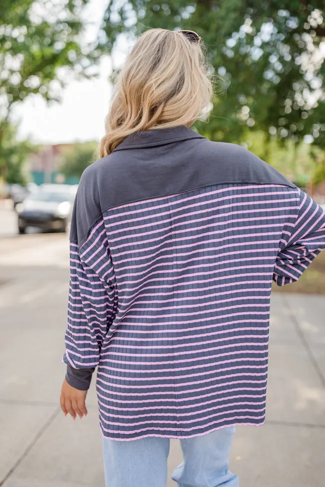 This Is The Life Navy and Pink Striped Collared Henley Oversized Knit Top sold by Pink Lily product image thumbnail 5