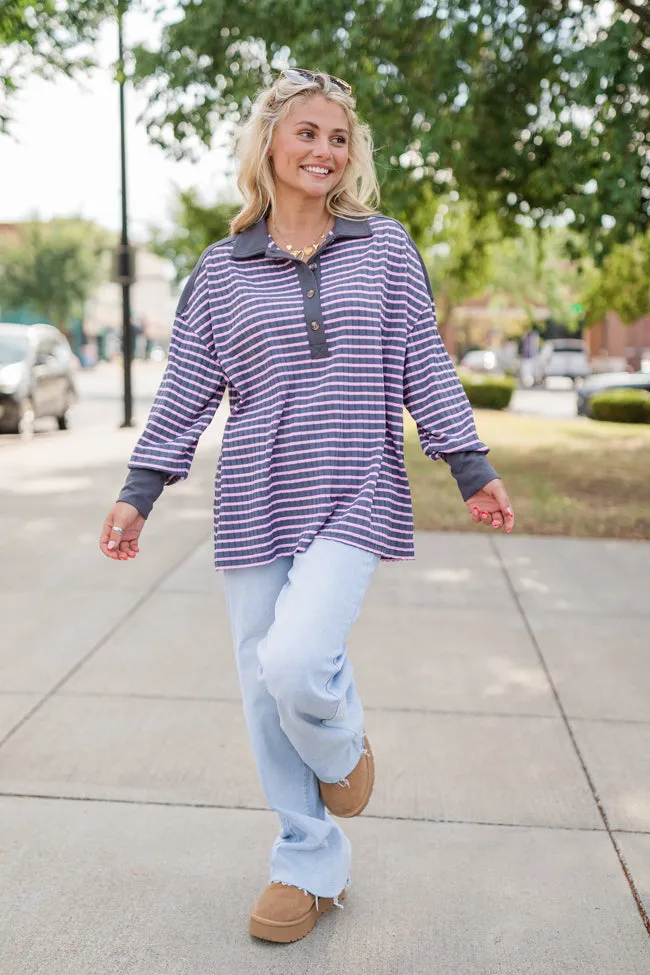 This Is The Life Navy and Pink Striped Collared Henley Oversized Knit Top sold by Pink Lily product image thumbnail 3