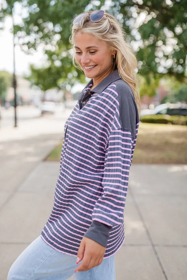 This Is The Life Navy and Pink Striped Collared Henley Oversized Knit Top sold by Pink Lily product image thumbnail 4