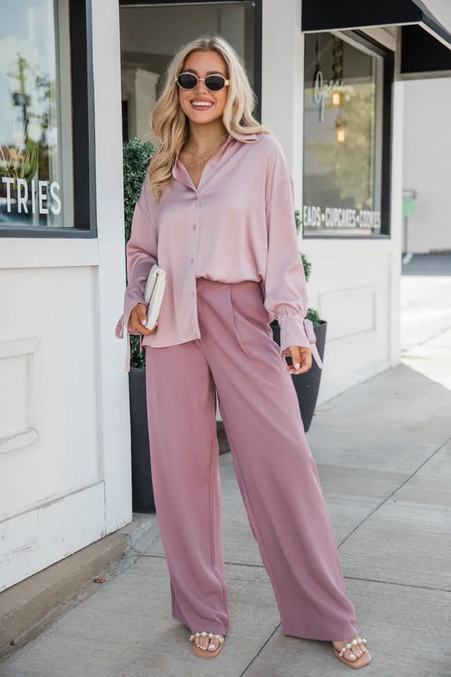Think It Through Mauve Bow Cuff Satin Button Down Shirt FINAL SALE sold by Pink Lily product image thumbnail 2