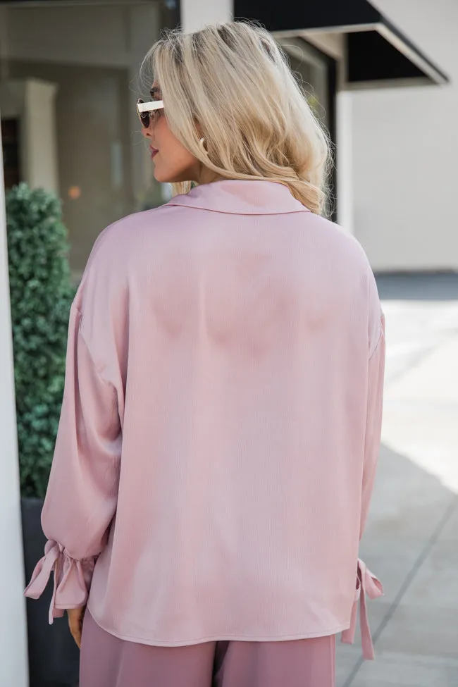 Think It Through Mauve Bow Cuff Satin Button Down Shirt FINAL SALE sold by Pink Lily product image thumbnail 5