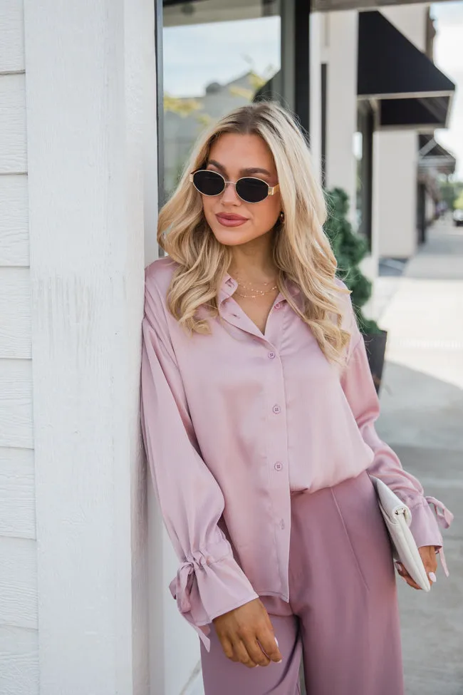 Think It Through Mauve Bow Cuff Satin Button Down Shirt FINAL SALE sold by Pink Lily