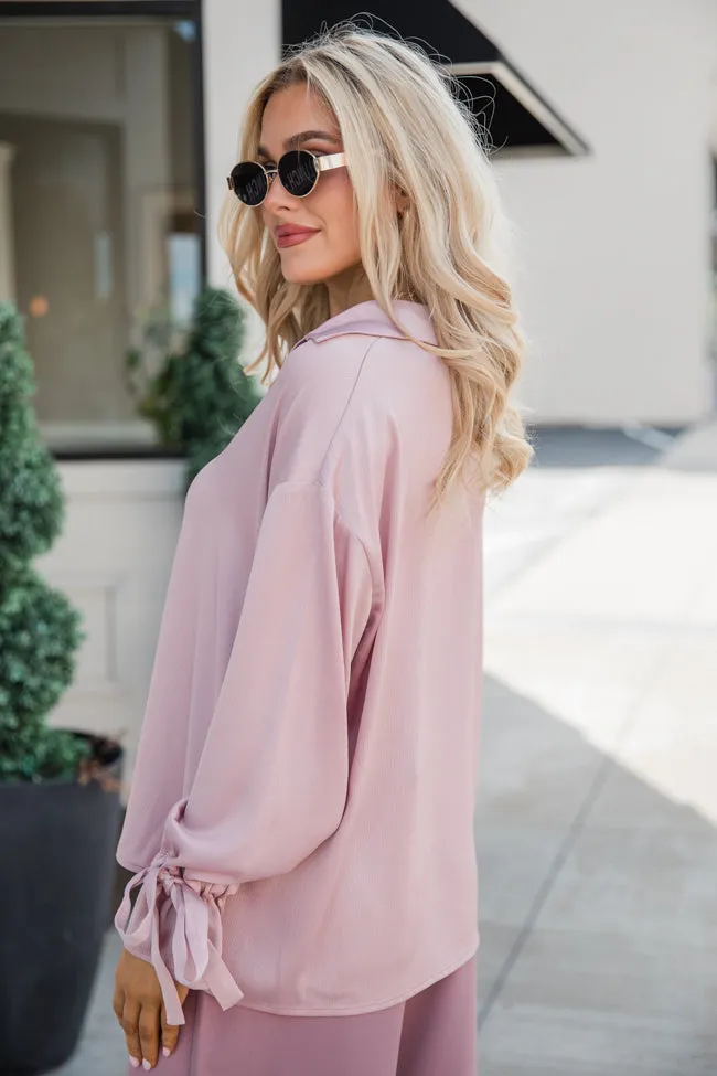 Think It Through Mauve Bow Cuff Satin Button Down Shirt FINAL SALE sold by Pink Lily product image thumbnail 4
