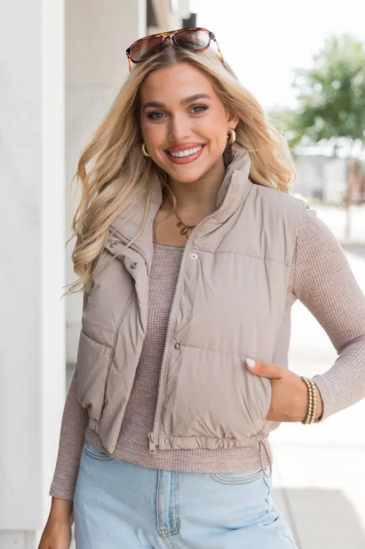 Bunny Slopes Taupe Soft Coated Puffer Vest sold by Pink Lily