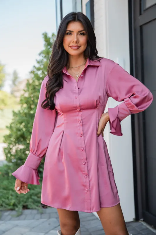 Manners Matter Rose Satin Collared Shirt Dress FINAL SALE sold by Pink Lily