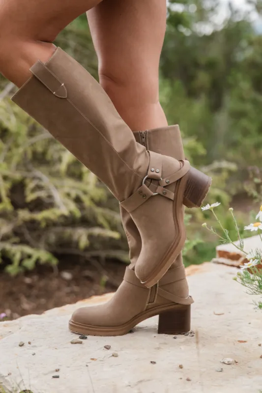 Vienna Dark Taupe Moto Knee High Boots sold by Pink Lily