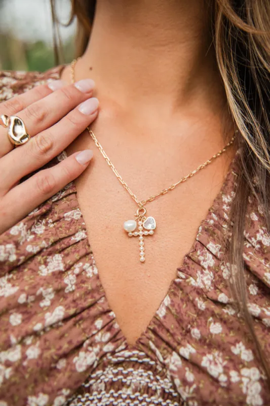Pearl Studded Cross Charm Necklace sold by Pink Lily