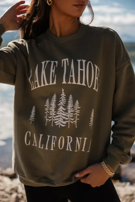 Lake Tahoe Olive Oversized Graphic Sweatshirt sold by Pink Lily