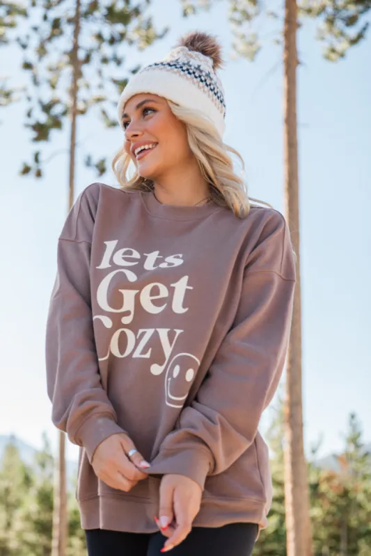 Lets Get Cozy Mocha Oversized Graphic Sweatshirt DOORBUSTER sold by Pink Lily