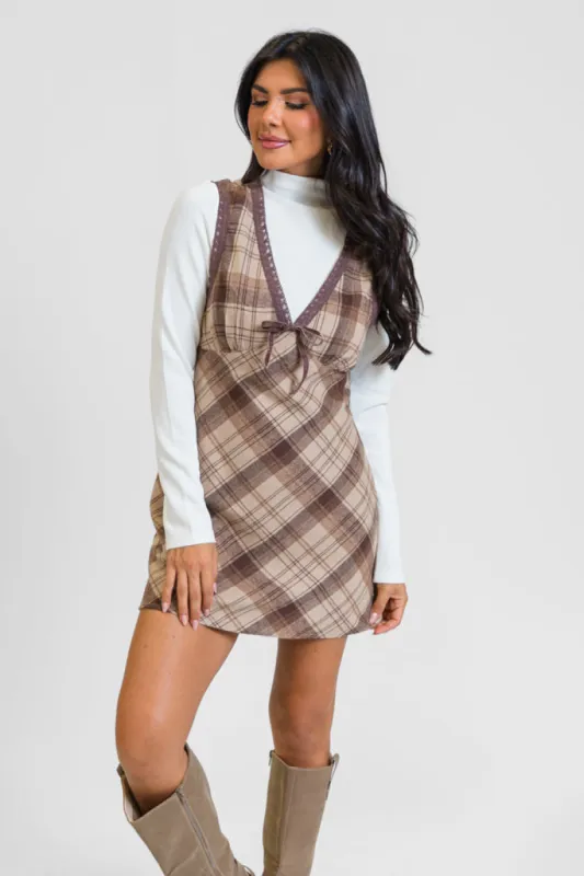 Plaid About You Brown V-Neck Dress sold by Pink Lily