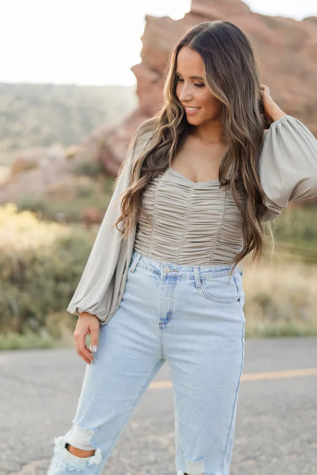 Brittney Sage Ribbed Knit Ruched Balloon Sleeve Bodysuit Emily Fauver X Pink Lily sold by Pink Lily