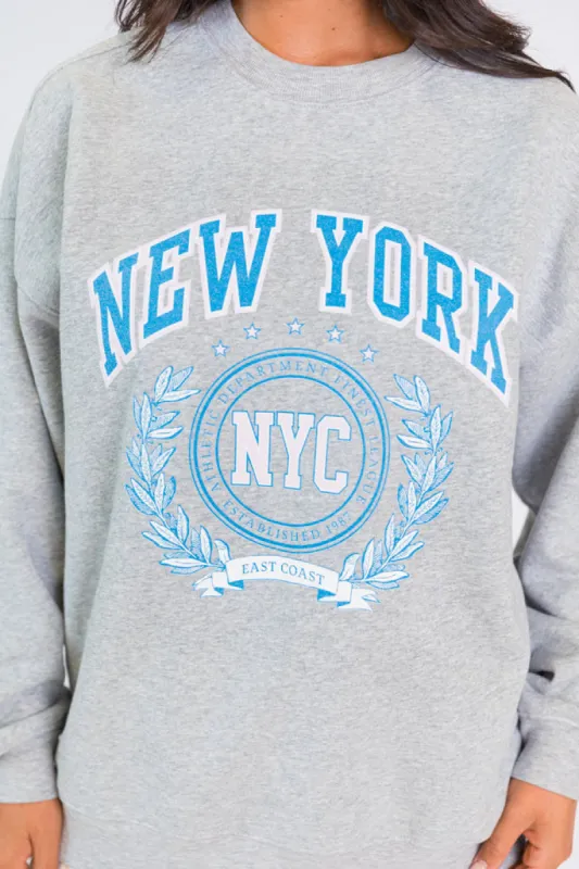 New York Athletic Department Light Grey Oversized Graphic Sweatshirt sold by Pink Lily