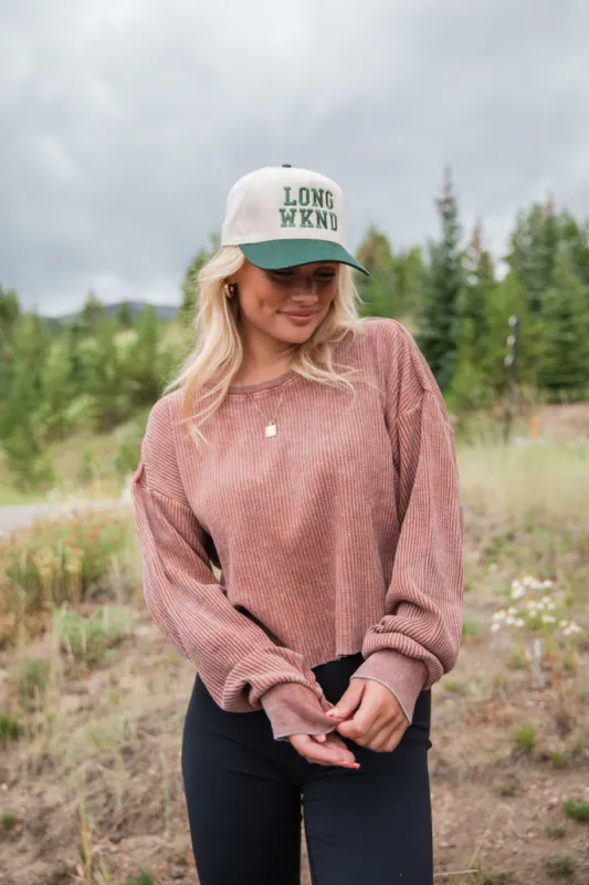 Fun And Games Chestnut Acid Washed Waffle Long Sleeve Tee sold by Pink Lily