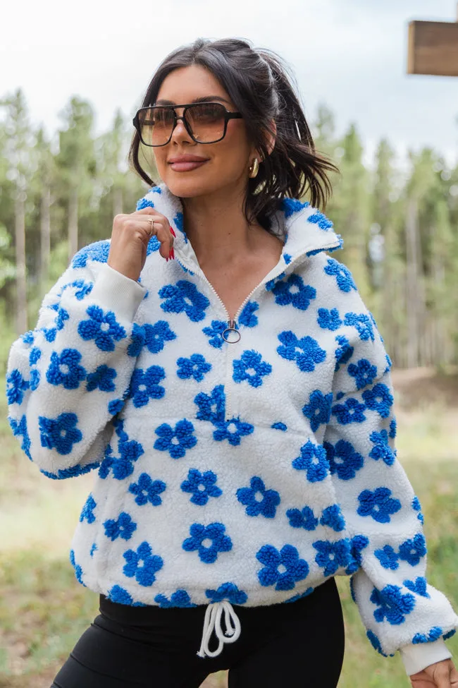 Playing For Keeps Blue and Ivory Floral Print Sherpa Pullover sold by Pink Lily