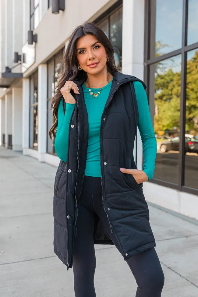 Up The Hill Black Midi Puffer Vest sold by Pink Lily