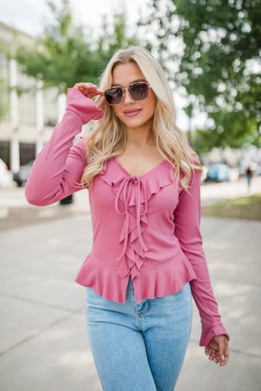 Treat You the Same Rose Ruffle Detail Ribbed Blouse FINAL SALE sold by Pink Lily