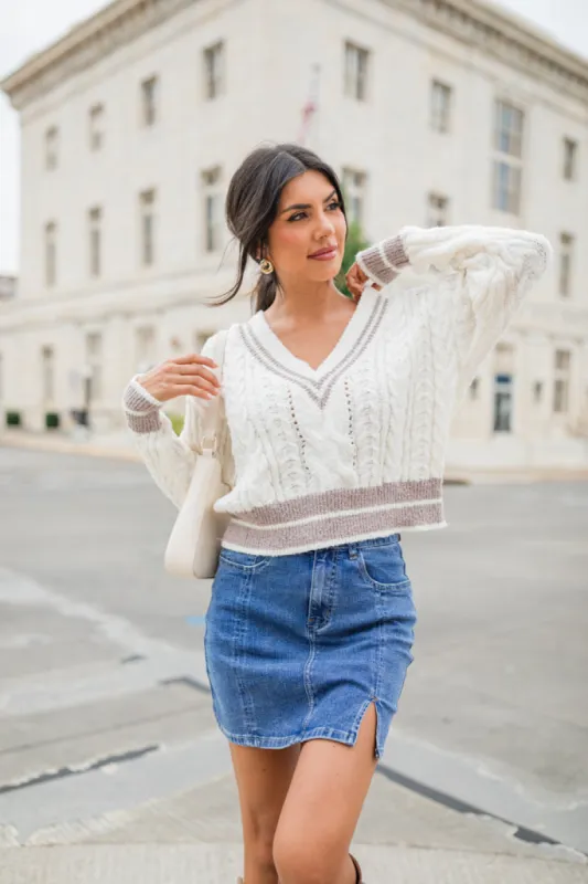 City Line Ivory Varsity V-Neck Sweater FINAL SALE sold by Pink Lily