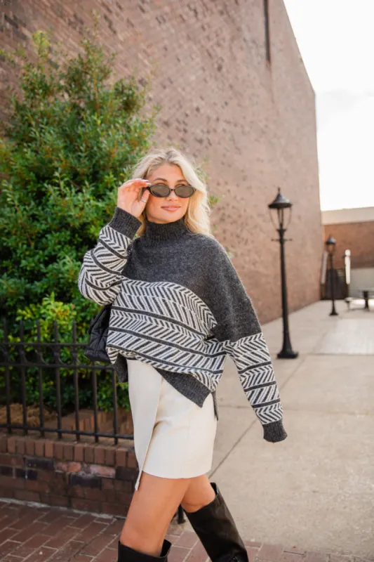 Back And Forth Charcoal Printed Mock Neck Sweater FINAL SALE sold by Pink Lily