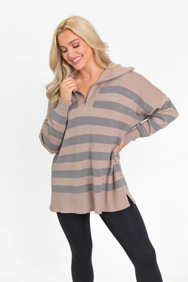 Pulling Heartstrings Taupe Striped Quarter Zip Pullover FINAL SALE sold by Pink Lily