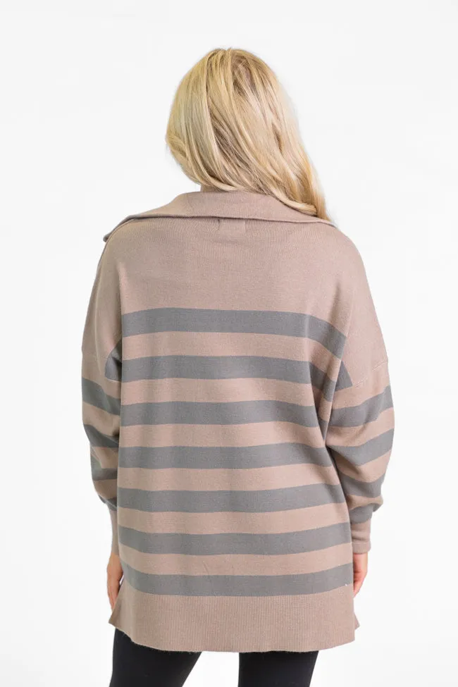Pulling Heartstrings Taupe Striped Quarter Zip Pullover FINAL SALE sold by Pink Lily product image thumbnail 4