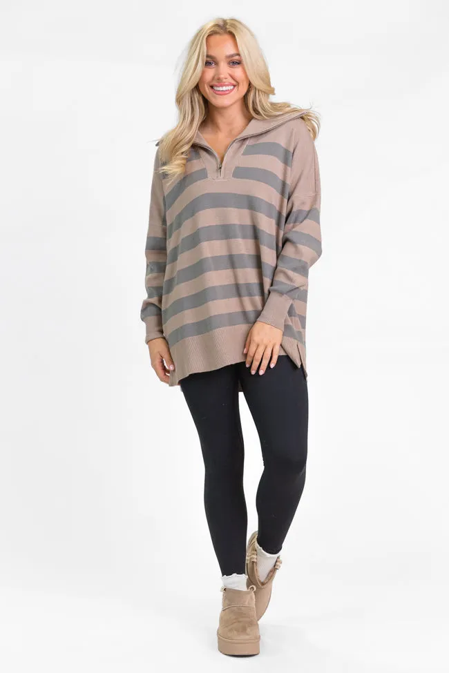Pulling Heartstrings Taupe Striped Quarter Zip Pullover FINAL SALE sold by Pink Lily product image thumbnail 2