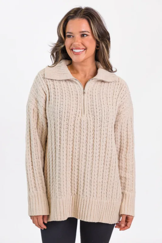 Forever Yours Beige Cable Knit Chenille Quarter Zip Sweater SALE sold by Pink Lily