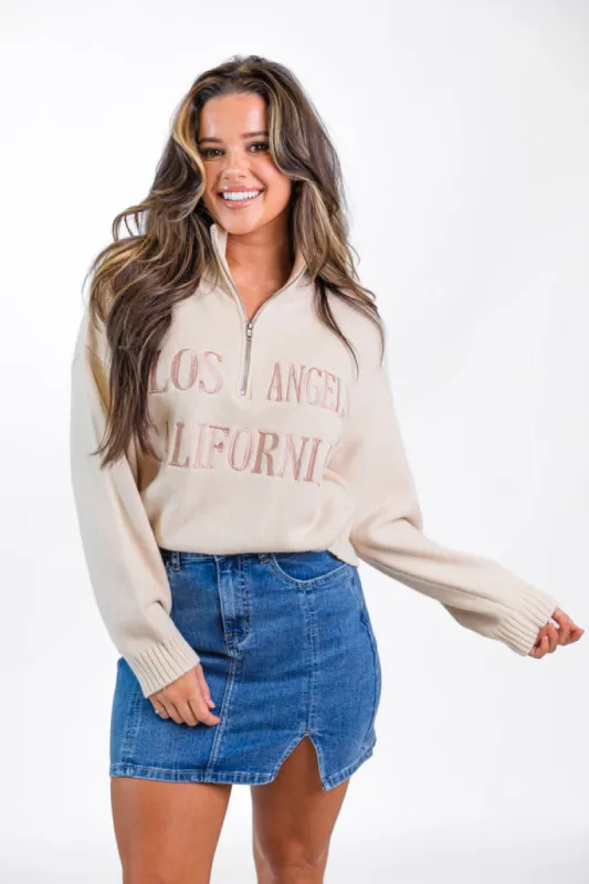 Roll With It Beige Los Angeles Embroidered Quarter Zip Sweater FINAL SALE sold by Pink Lily
