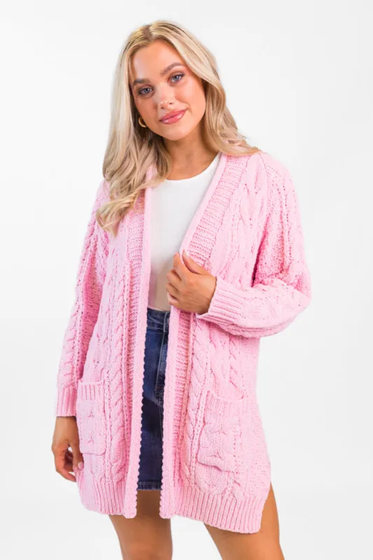 Perfect Day Pink Chenille Cable Knit Cardigan FINAL SALE sold by Pink Lily