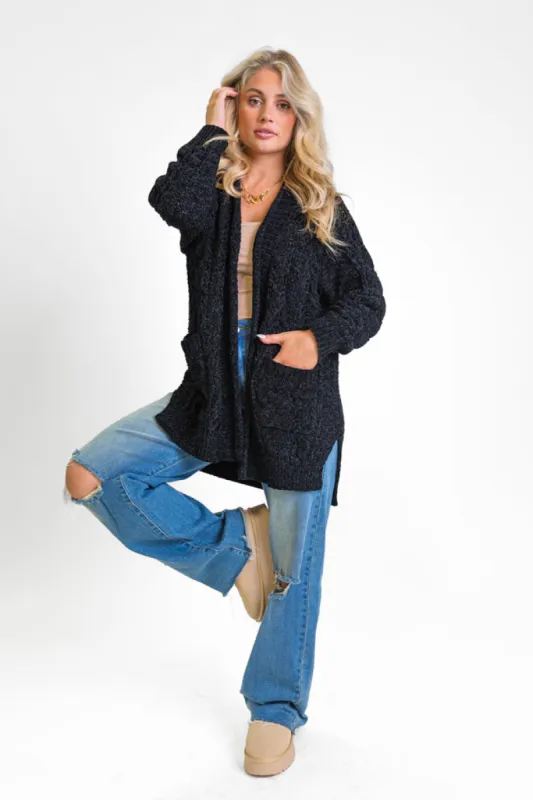 Perfect Day Black Chenille Cable Knit Cardigan FINAL SALE sold by Pink Lily
