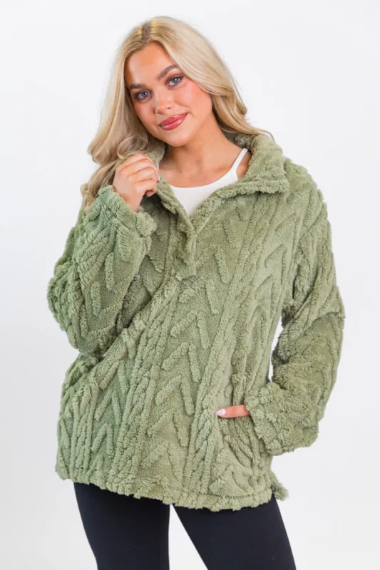 Take The Leap Olive Cable Detail Sherpa Pullover FINAL SALE sold by Pink Lily
