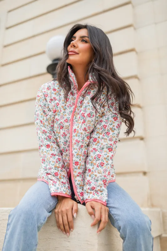 Field Of Florals Ivory and Pink Multi Quilted Floral Jacket FINAL SALE sold by Pink Lily