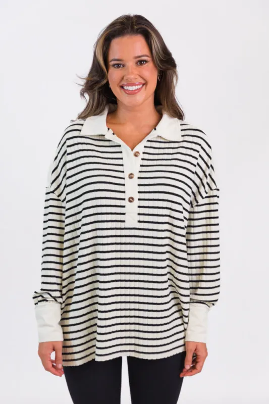 This Is The Life Black Striped Collared Henley Oversized Knit Top DOORBUSTER sold by Pink Lily