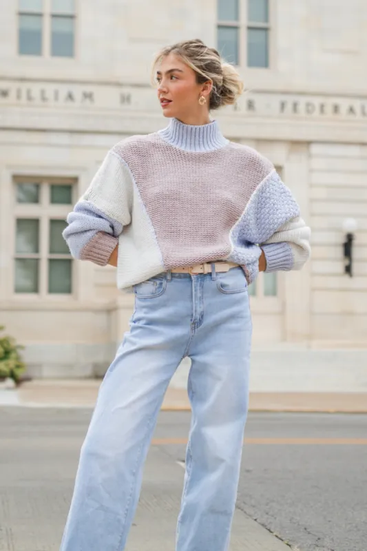Skyline View Ivory and Blue Mock Neck Color Block Sweater sold by Pink Lily