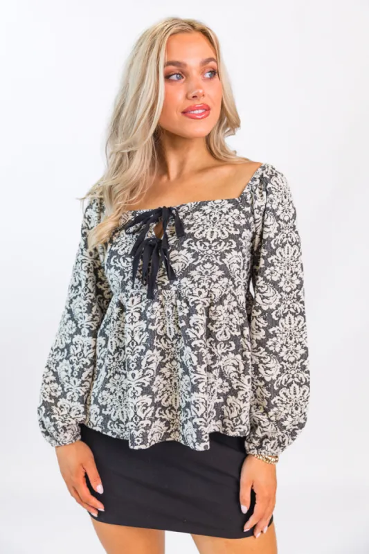 Always Ready Black and Ivory Jacquard Tie Front Knit Top FINAL SALE sold by Pink Lily