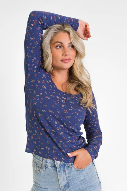 Best In Bloom Navy Ribbed Floral Henley Top  FINAL SALE sold by Pink Lily