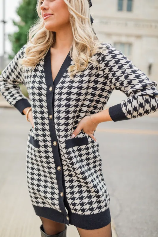 Where You Belong Houndstooth Button Front Cardigan Dress sold by Pink Lily