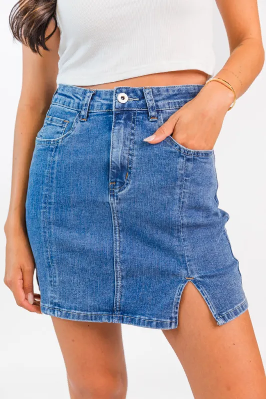 Somewhere Out There Medium Wash Side Slit Denim Skirt FINAL SALE sold by Pink Lily