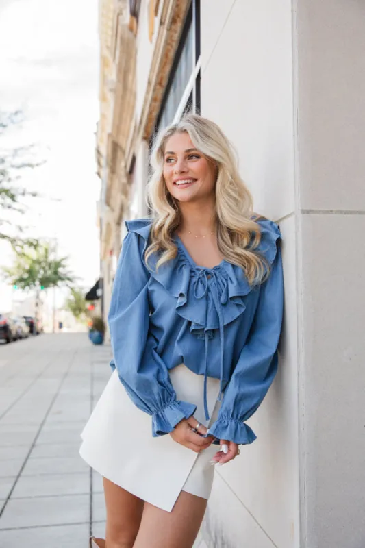 Feel This Way Medium Wash Ruffle Detail Chambray Blouse  FINAL SALE sold by Pink Lily