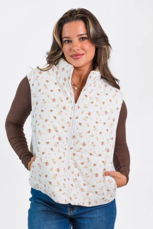 In A Bubble Ivory Floral Puffer Vest FINAL SALE sold by Pink Lily